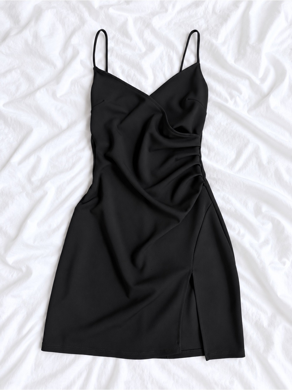 Windsor Black Ruched Slip Mini Dress with Side Slit